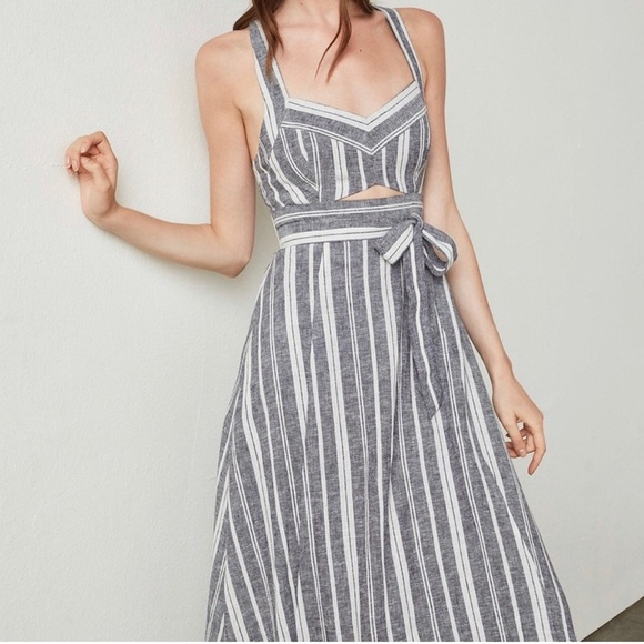 BCBGMaxazria Size 10 Black and White Striped Sleeveless Cutout Linen Midi Dress - Picture 4 of 11
